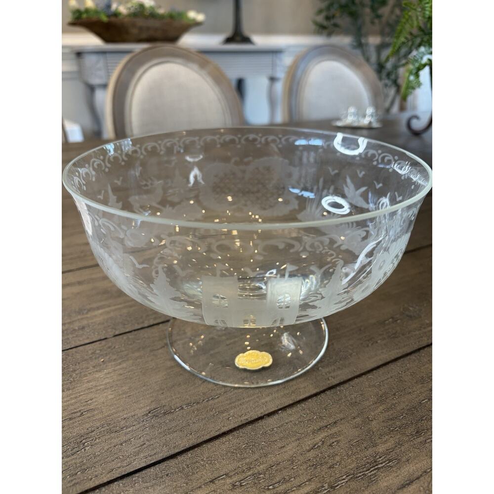 Handarbeit Handmade Etched Glass Footed Bowl Castle Deer Bird Nature Motif